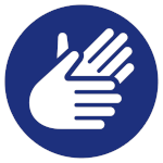 Das Symbol für Gebärdensprache zeigt zwei weiße Hände auf einem kreisförmigen, blauen Hintergrund